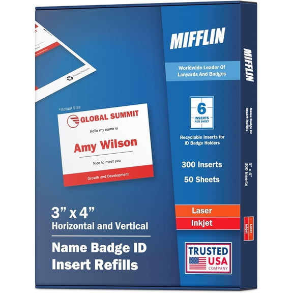 -USA Name Badge Inserts, 3"x4" or 4"x3" Badge Inserts (300 Cardstock Refills, 50 Sheets), Compatible with Inkjet, Laser Printer, and Printable Sheets