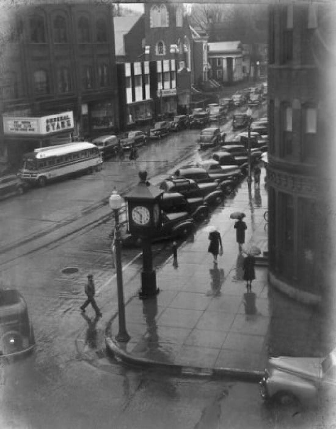 USA New England Vermont Bennington People walking down street in rain Canvas Art - (18 x 24)