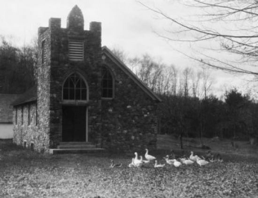 USA New Hampshire Elkins flock of ducks in front of church Canvas Art - (18 x 24)