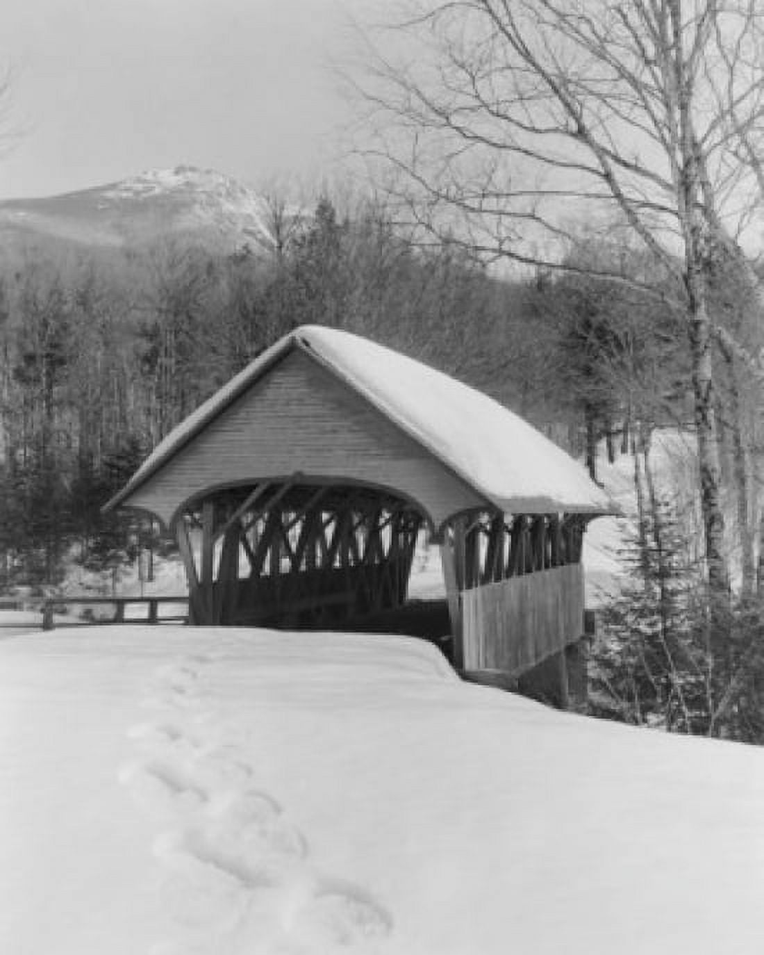 USA New Hampshire Franconia Notch Covered bridge over Pemigewasset River Flume Gorge with Mount Liberty in distance Canvas Art - (18 x 24)