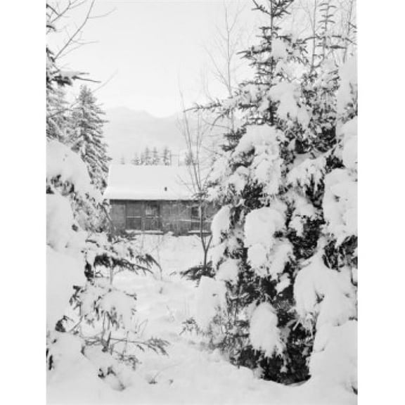 USA New Hampshire Randolph Cottage in Snow Covered Fir Trees with Mount Madison & Adams in Background Poster Print - 18 x 24 in.