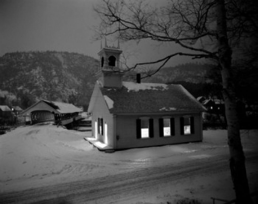 USA New Hampshire Stark church and covered bridge at night Canvas Art -  (18 x 24)