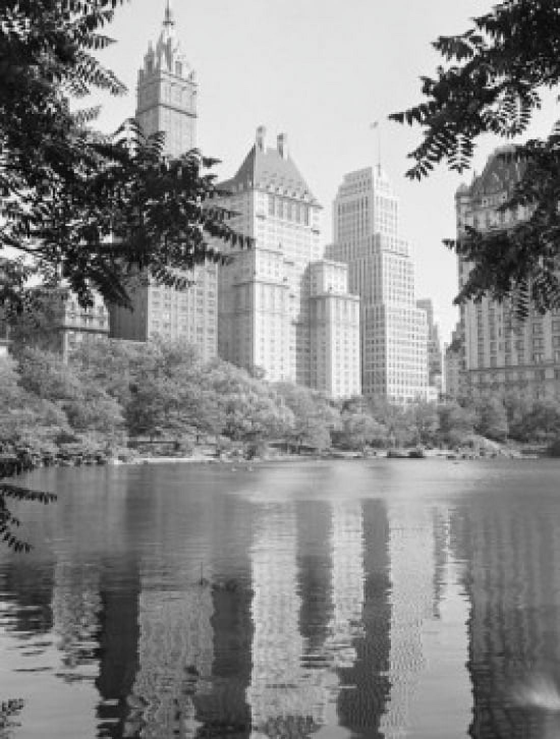 USA New York Apartment buildings over lake in Central Park Canvas Art - (18 x 24)