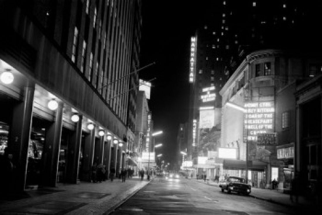 USA New York City 44th Street Theatres illuminated at night Canvas Art - (18 x 24)