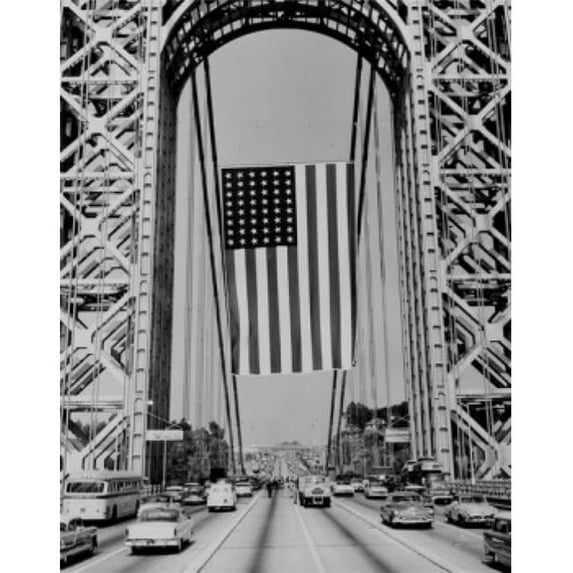 USA New York City Rising of Flag at George Washington Bridge Poster Print - 18 x 24 in.