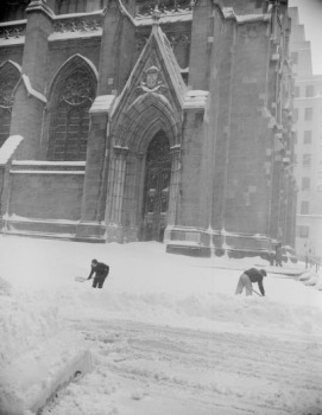 USA New York City St Patricks Cathedral workers shoveling snow Canvas Art - (24 x 36)