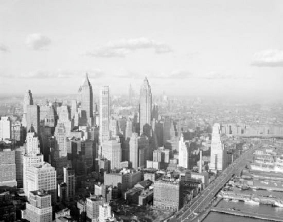 USA New York City aerial view of Lower Manhattan and East River Piers Canvas Art - (18 x 24)