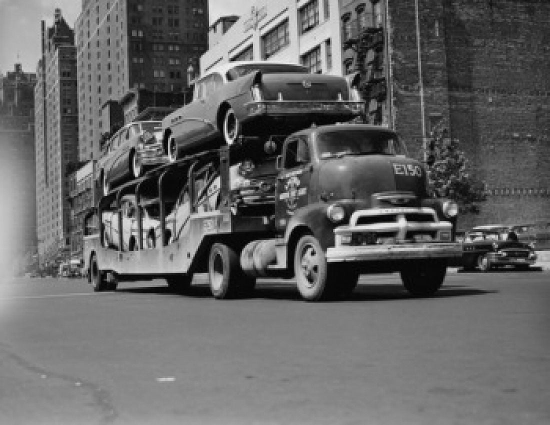 USA New York City car transporter hauling new automobiles Canvas Art - (18 x 24)