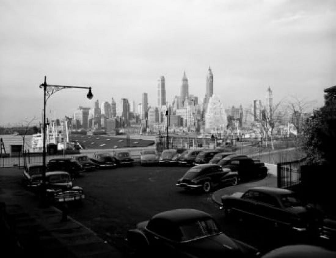 USA New York City cars in parking lot with Manhattan skyline Canvas Art - (18 x 24)