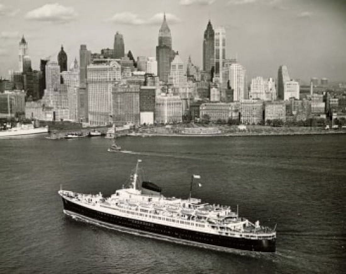 USA New York City high angle view of SS Flandre cruise ship approaching Manhattan Canvas Art - (18 x 24)