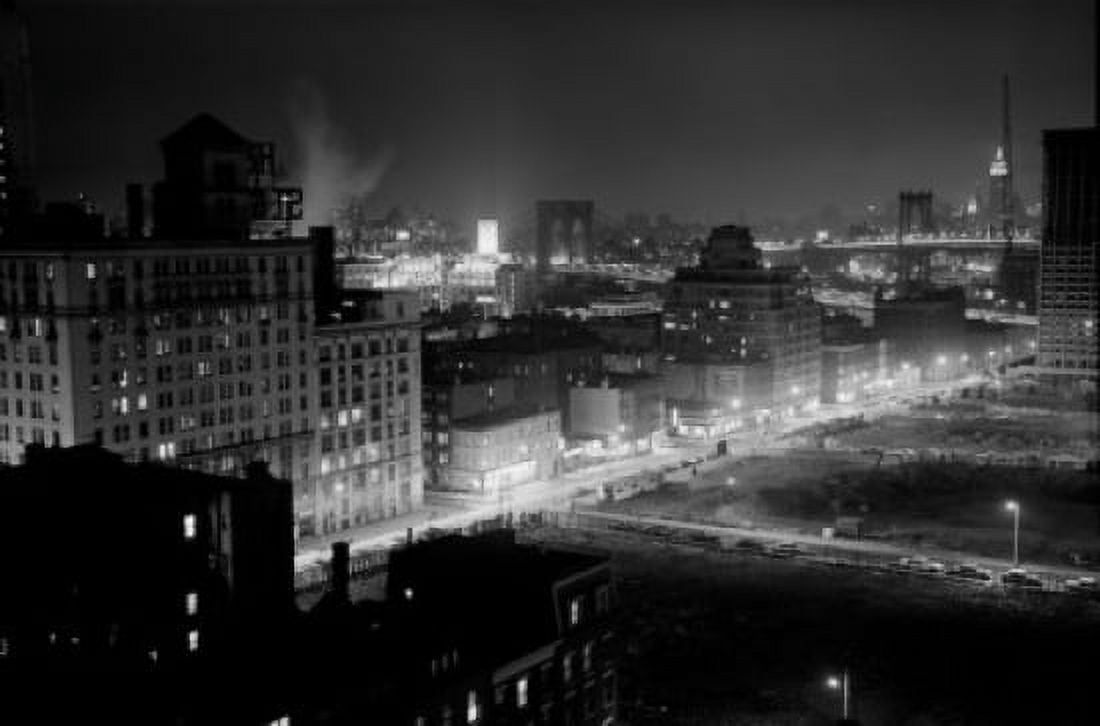 USA New York CityView of Brooklyn and Manhattan bridges at night from Brooklyn side Canvas Art - (24 x 36)