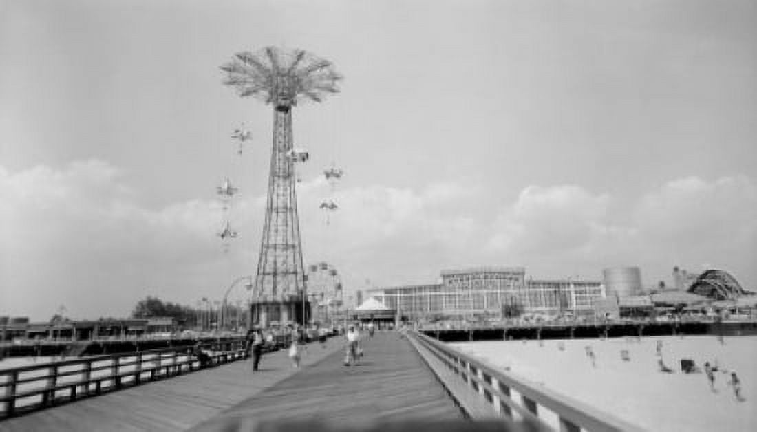 USA New York Coney Island Looking down Boardwalk towards Steeplechase Park showing parachute jump and beach Canvas Art - (18 x 24)