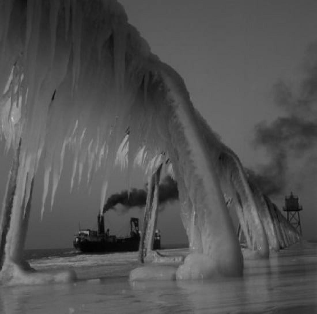 USA New York Ice covered railing to lighthouse in port of Rochester at mouth of Genesee River Canvas Art - (18 x 24)