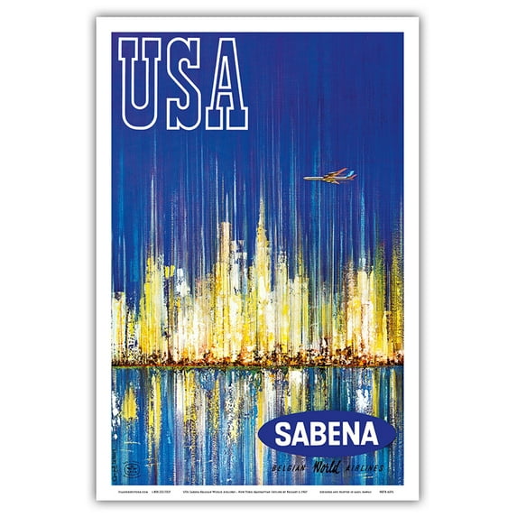 USA - New York Manhattan Skyline - Sabena Belgian World Airlines - Vintage Airline Travel Poster by Brisart c.1965 - Master Art Print (Unframed) 12in x 18in