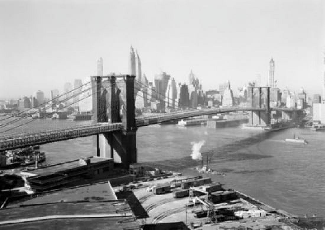 USA New York New York City Brooklyn Bridge with Lower Manhattan skyline in background Canvas Art - (24 x 36)