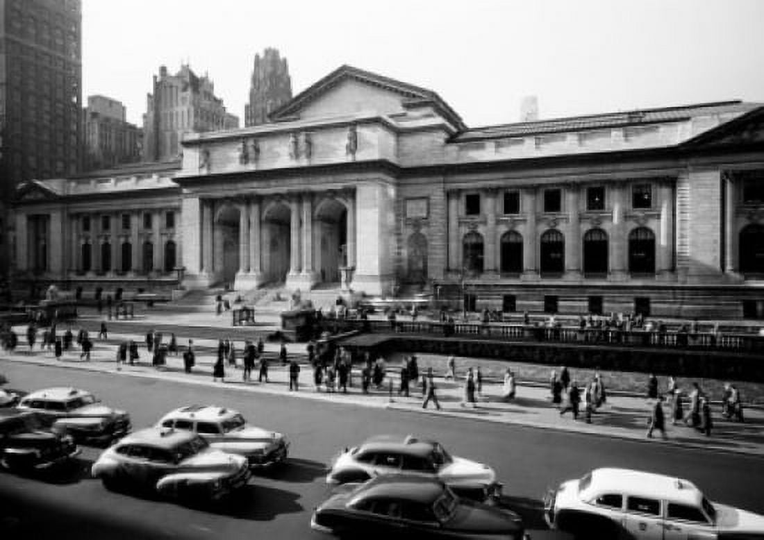 USA New York New York City Busy street in front of Public Library Canvas Art - (18 x 24)