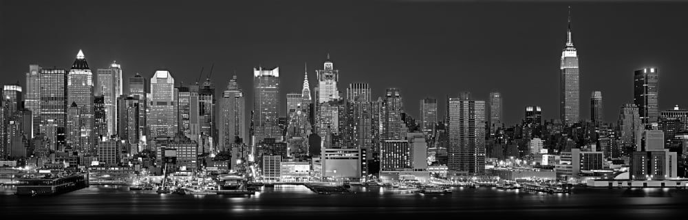 USA New York New York City Panoramic view of the West side skyline at night (Black And White) Canvas Art - Panoramic Images (27 x 9)
