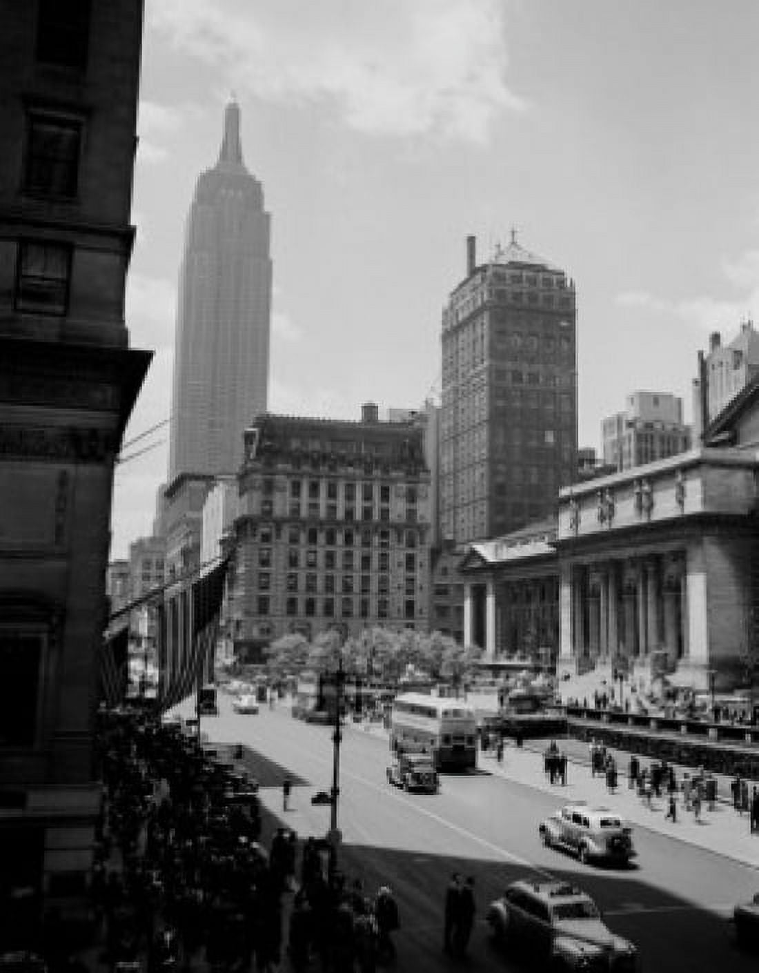 USA New York New York City Public Library Empire State Building in background Canvas Art - (18 x 24)
