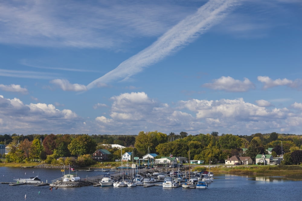 USA, New York, Rouses Point. town marina along Lake Champlain, autumn Poster Print by Walter