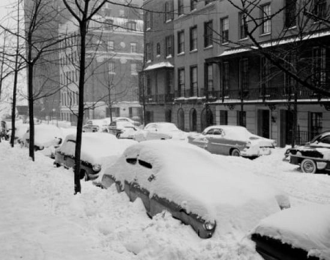 USA New York State New York City Beekman Place on East side near 51st Street snow covered automobiles line curbs Canvas Art - (24 x 36)