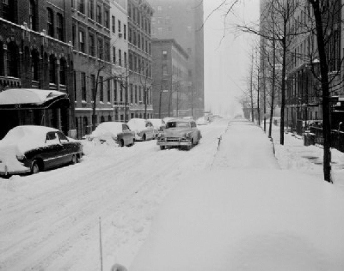 USA New York State New York City Beekman Place on East side near 51st Street snow covered automobiles line curbs Canvas Art -  (24 x 36)