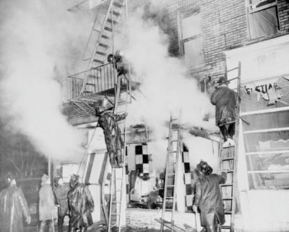 USA New York State New York City Brooklyn Firemen fighting blaze at apartment house Canvas Art - (18 x 24)