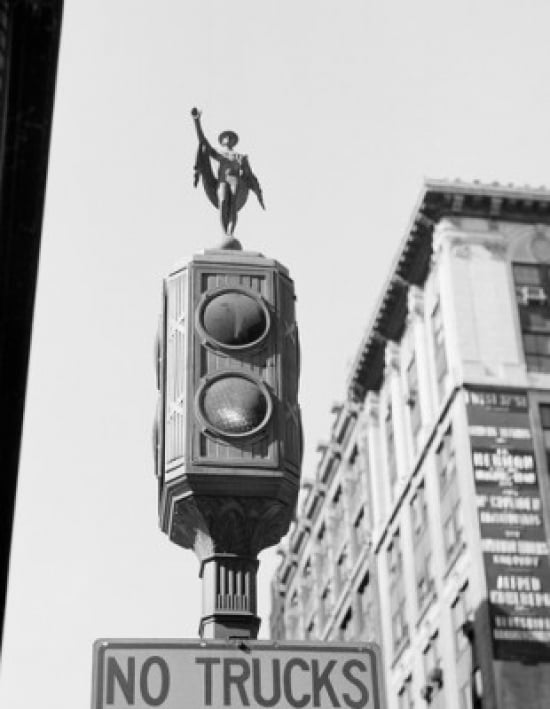 USA New York State New York City Figure of Mercury on the top of traffic signal light along Fifth Avenue Canvas Art - (18 x 24)