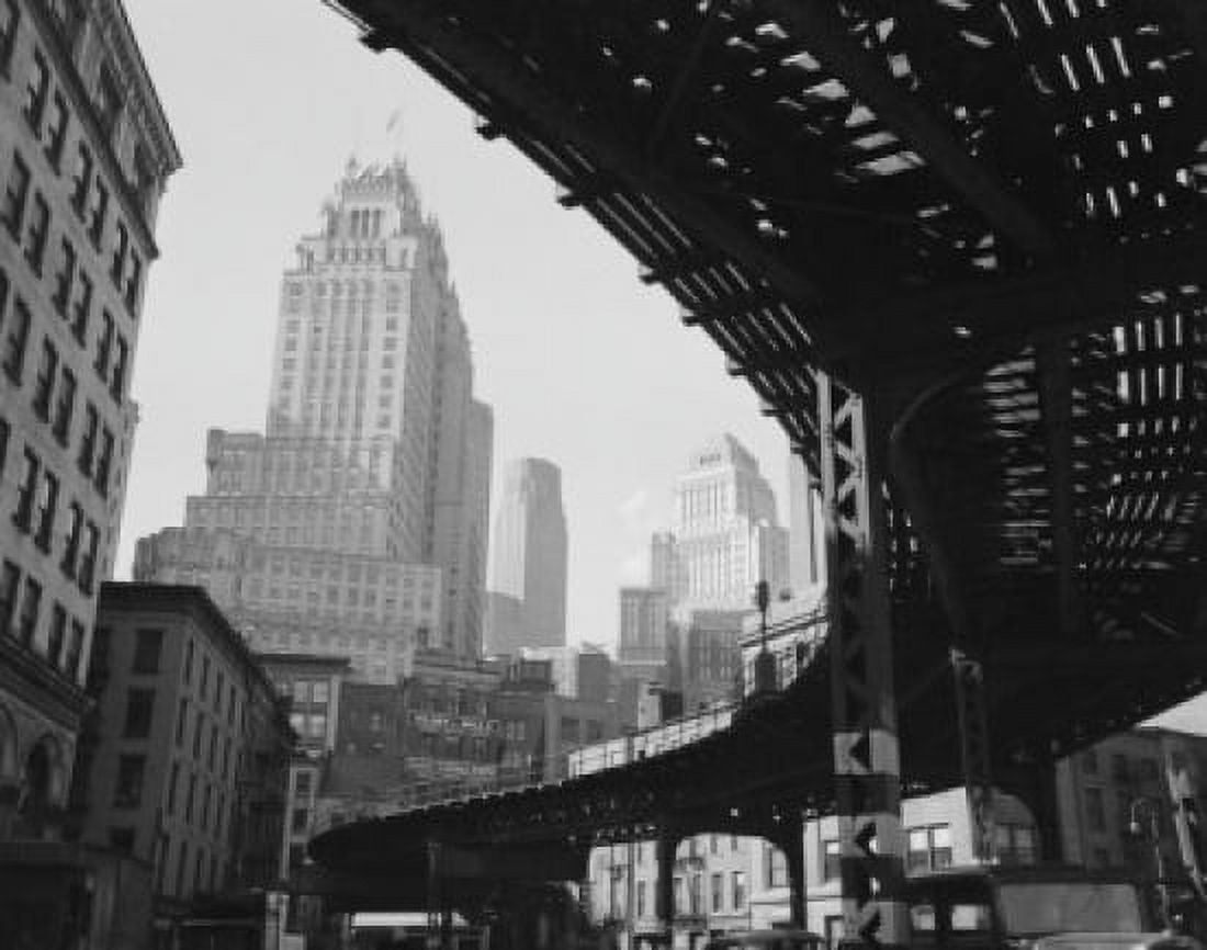 USA New York State New York City Manhattan Skyscrapers and elevated railroad track low angle view Canvas Art -  (18 x 24)