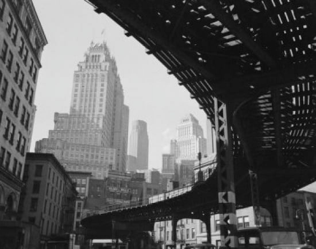 USA New York State New York City Manhattan Skyscrapers and elevated railroad track low angle view Canvas Art - (24 x 36)