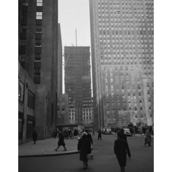 USA New York State New York City People walking on street skyscraper in construction in the background Canvas Art - (18 x 24)