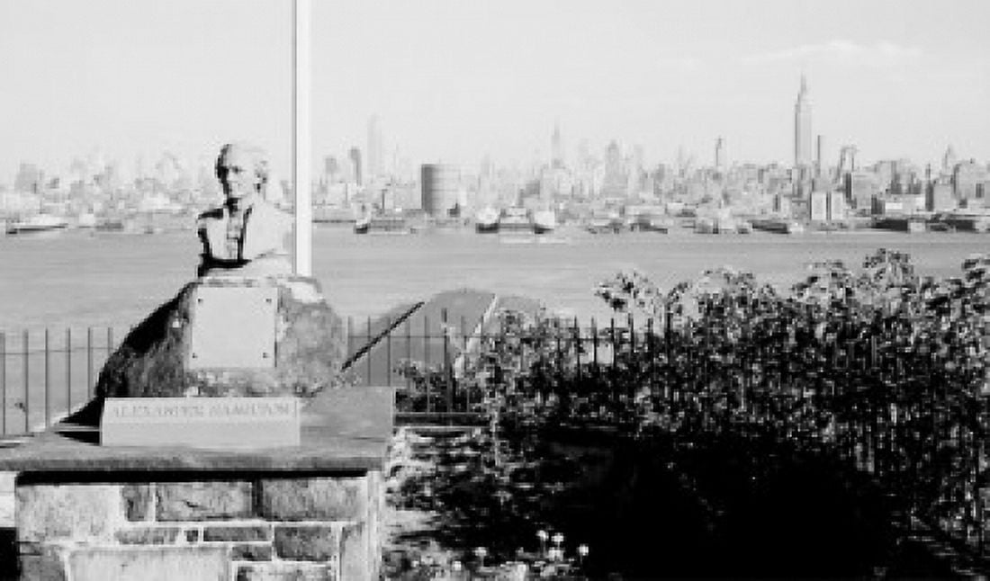 USA New York State New York City View looking past Alexander Hamilton Memorial toward skyline of Midtown Manhattan Canvas Art - (24 x 36)