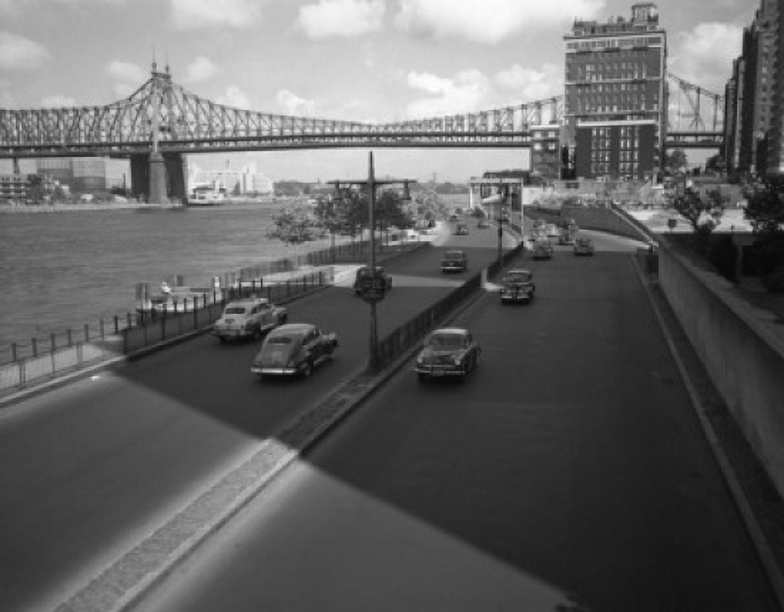 USA New York State New York city street and bridge over river Canvas Art - (18 x 24)