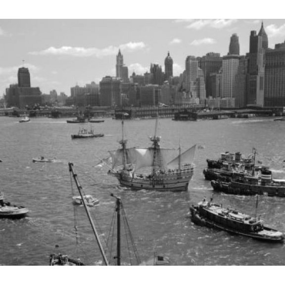 USA New York Welcoming Mayflower II Manhattan skyline in background Canvas Art - (18 x 24)