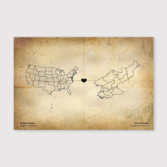 USA North Korea Map Canvas Wall Art 8x12 inch -USA North Korea Map Vintage Rustic Canvas Print for Office Wall Decor and Workspace