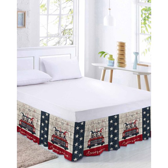USA Old Bed Skirt Queen Size 16 Inch Drop, Car, Gnome Quote Land of Love Adjustable Elastic Dust Ruffles Bedskirt for Queen Bed Wrap Around Pleated Mattress Frame Cover