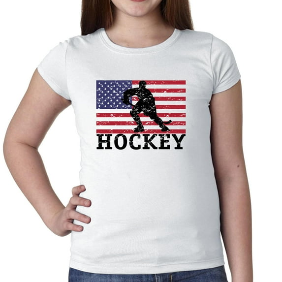 USA Olympic - Hockey - Vintage Flag - Silhouette Girl's Cotton Youth T-Shirt
