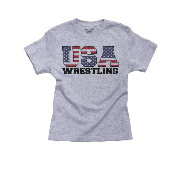 USA Olympics - Wrestling - Vintage Letters Boy's Cotton Youth Grey T-Shirt