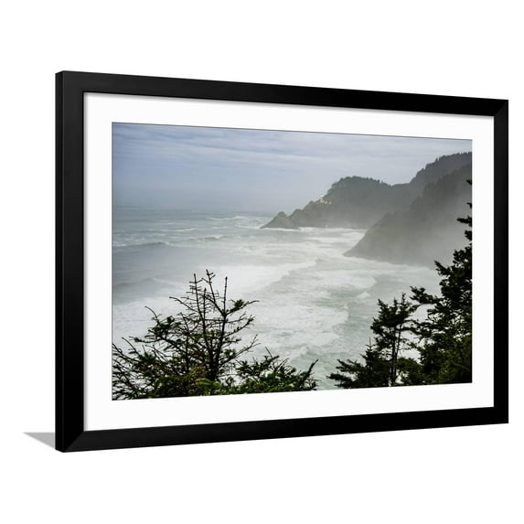 Art.com USA, Oregon. Seal Cove in fog on Pacific Coast Scenic Byway between Florence and Newport. Photographic Print by Alison Jones, Black Frame Wall Art, 44" x 32"