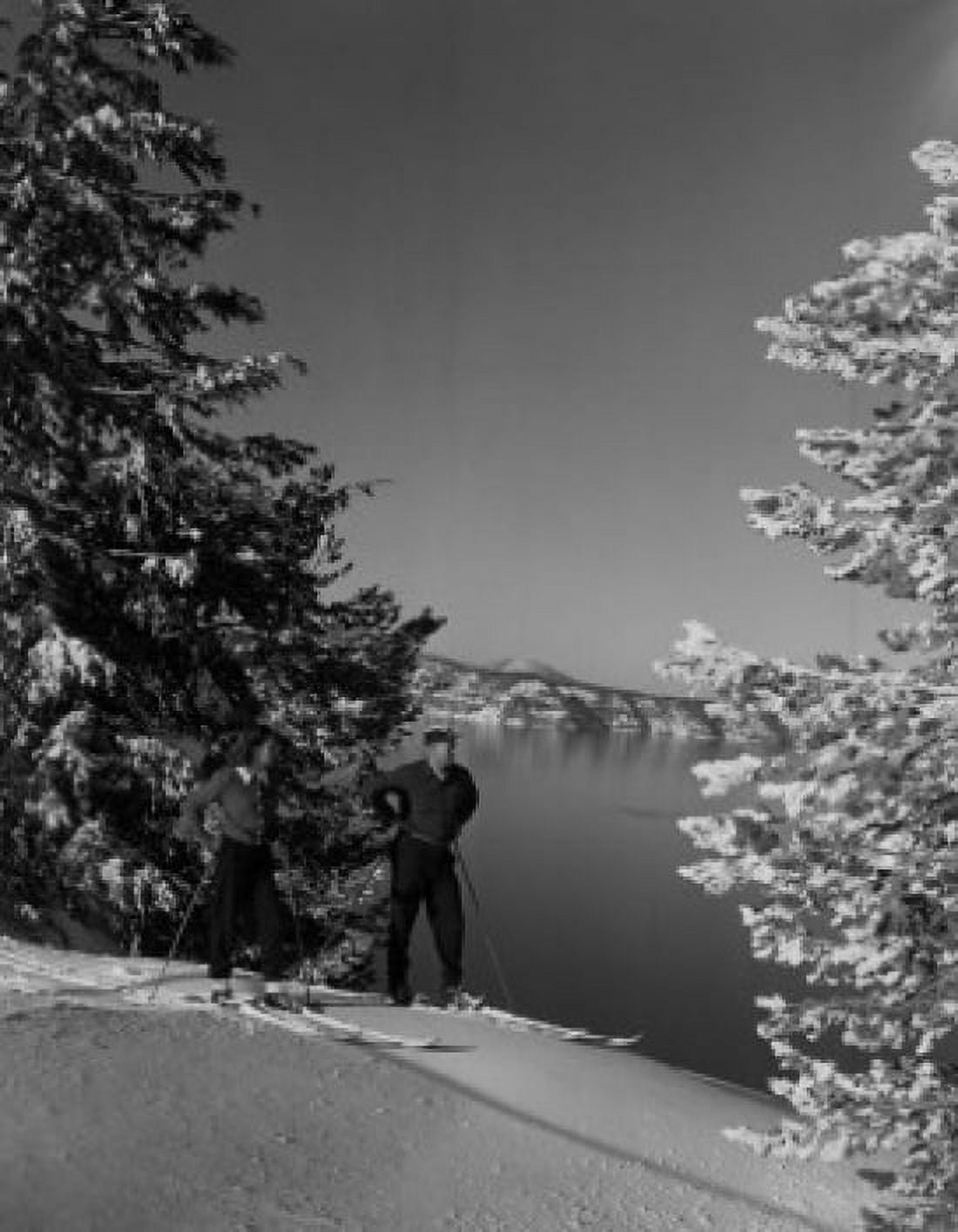 USA Oregon couple cross-country skiing by Crater Lake Canvas Art - (24 x 36)
