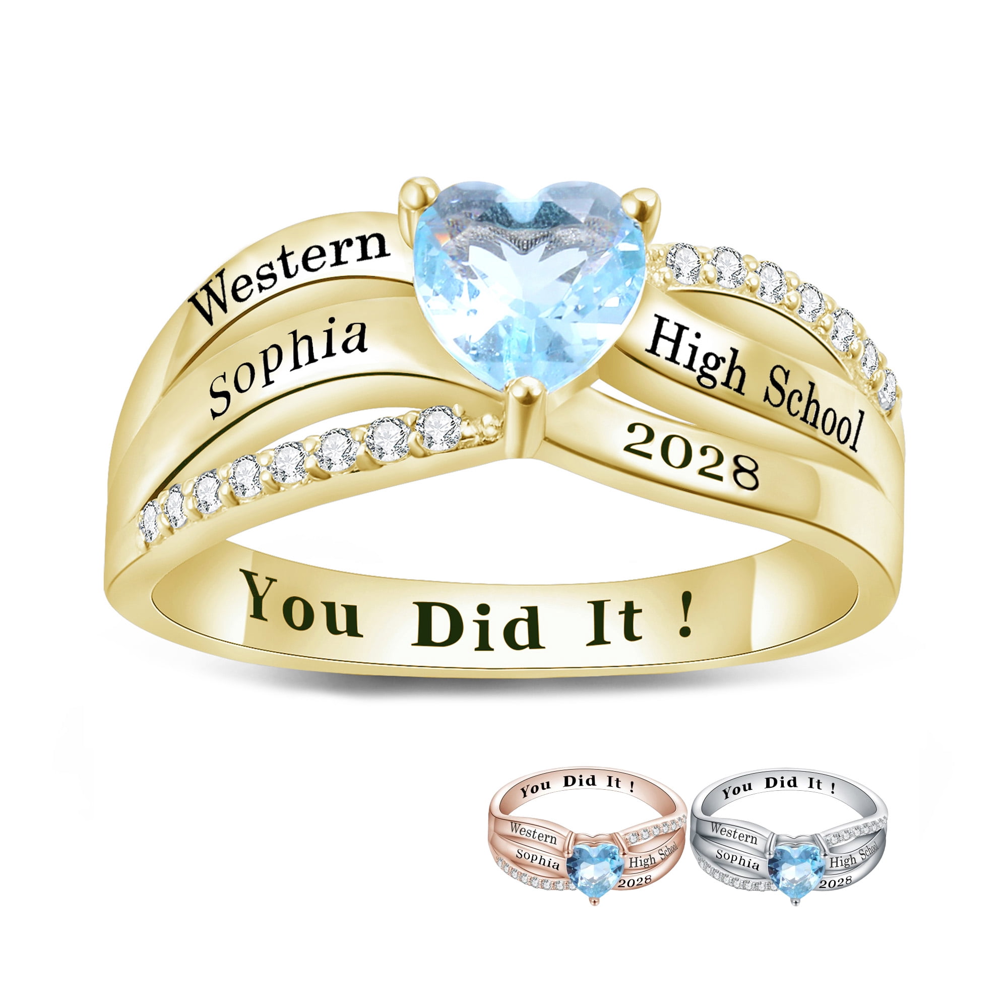 USA PJM Custom Women’s Class Ring Sterling Silver for High School & College Graduation-Gold