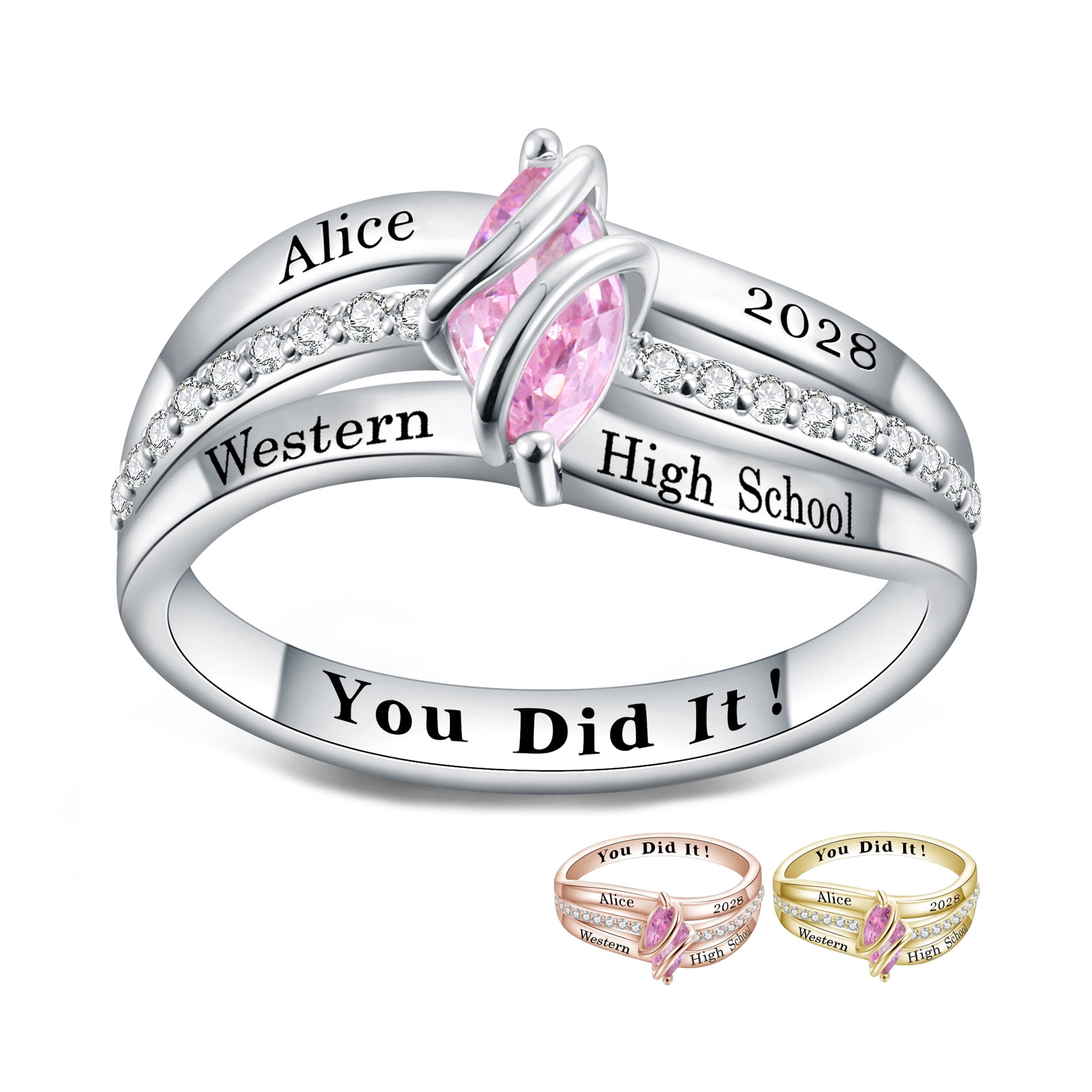 USA PJM Custom Women’s Class Ring Sterling Silver for High School & College Graduation-Rhodium