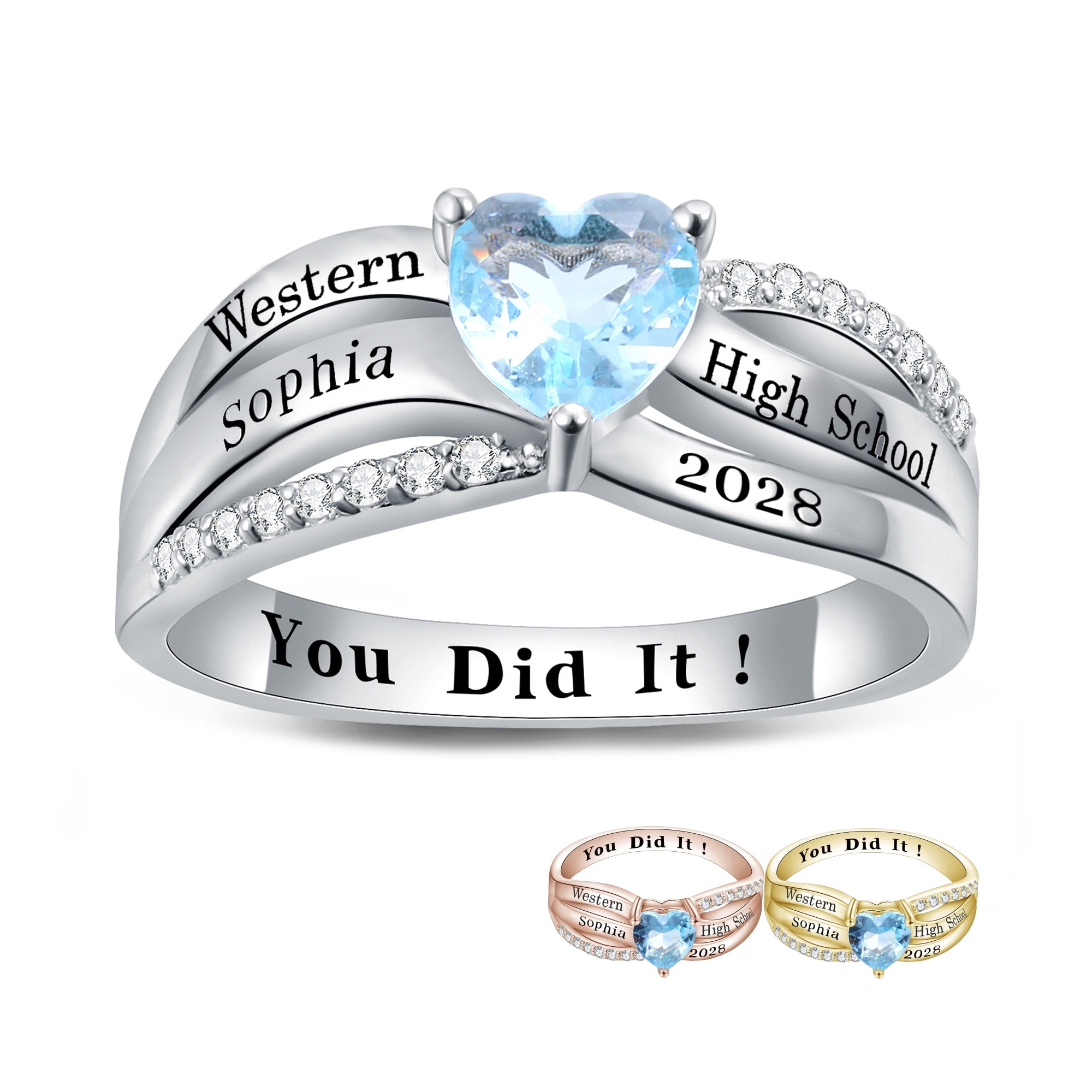 USA PJM Custom Women’s Class Ring Sterling Silver for High School & College Graduation-Rhodium