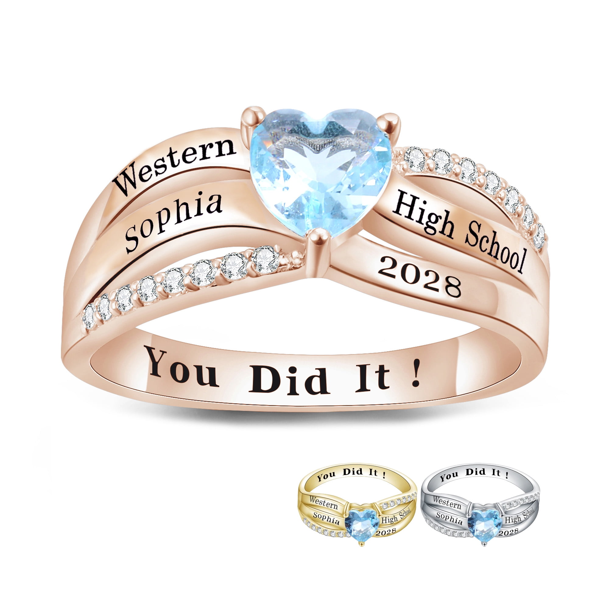 USA PJM Custom Women’s Class Ring Sterling Silver for High School & College Graduation-Rose Gold