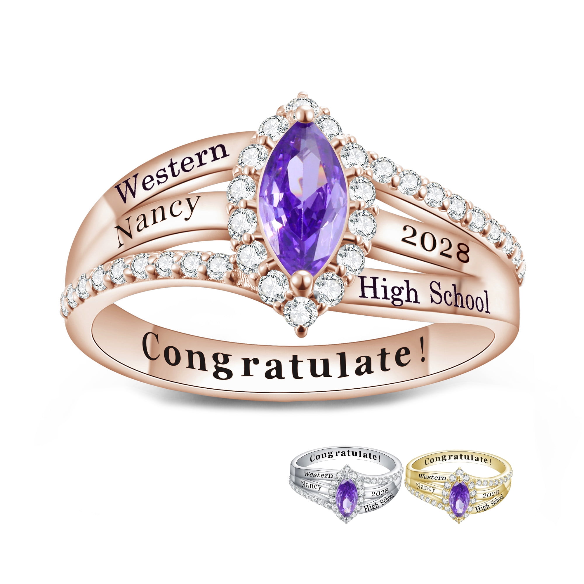 USA PJM Custom Women’s Class Ring Sterling Silver for High School & College Graduation-Rose Gold