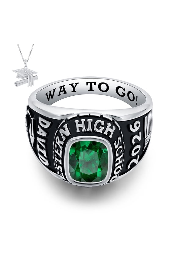 USA Mementos Custom Men's Class Ring Sterling Silver for High School & College Graduation-Large Cushion