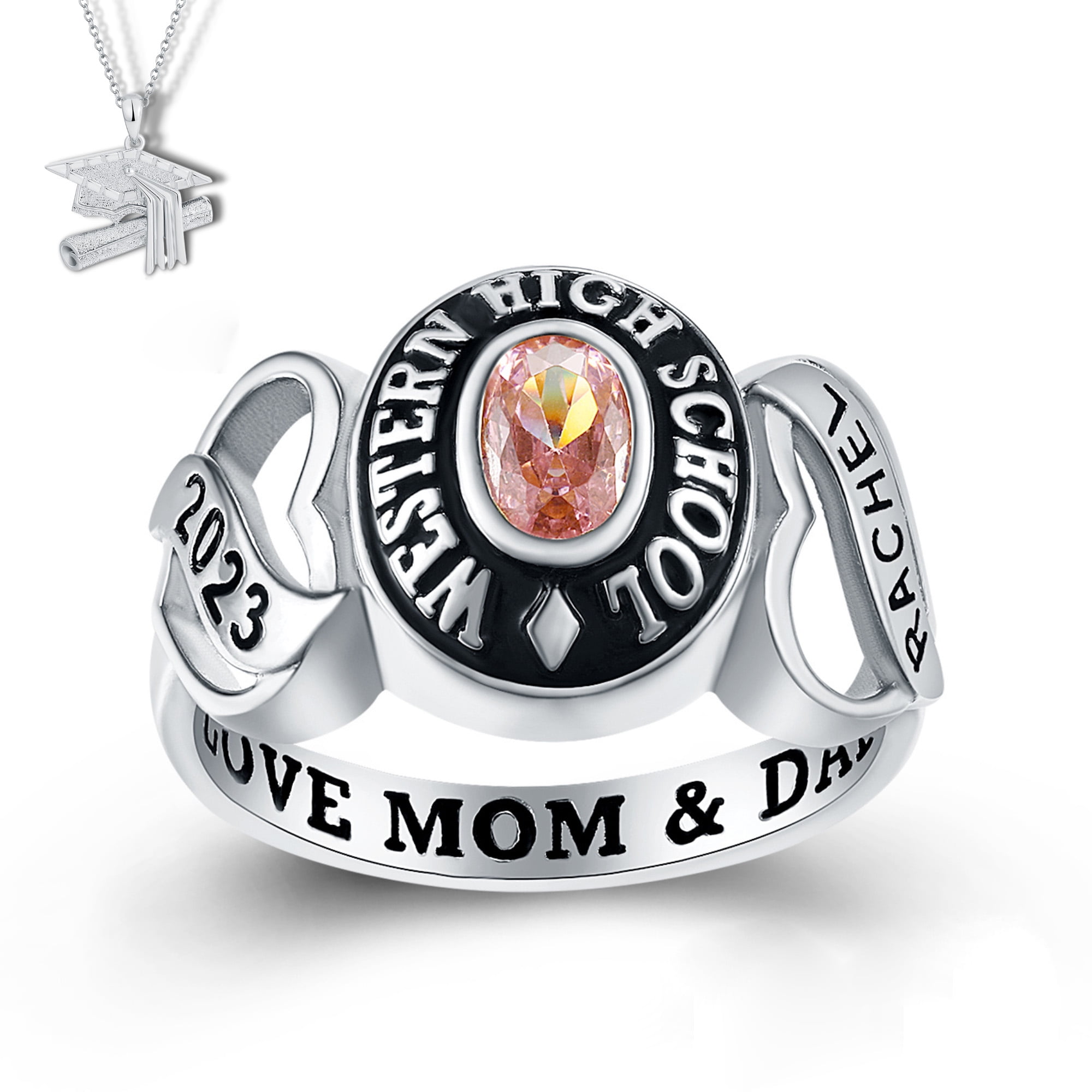 USA Mementos Custom Women's Class Ring Sterling Silver for High School ...