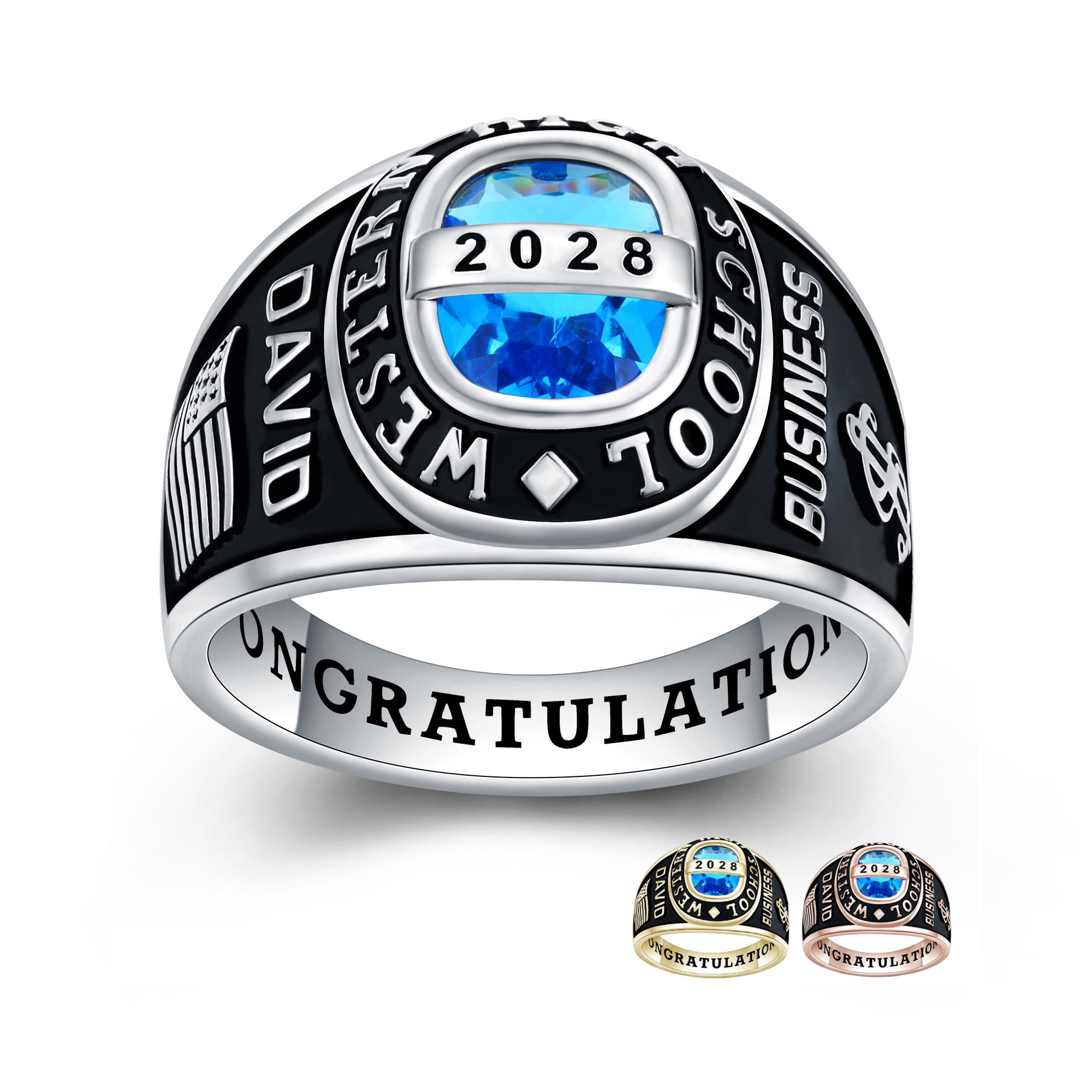USA PJM Personalized Men's Class Rings Sterling Silver 925 for High School & College, Rhodium Plated