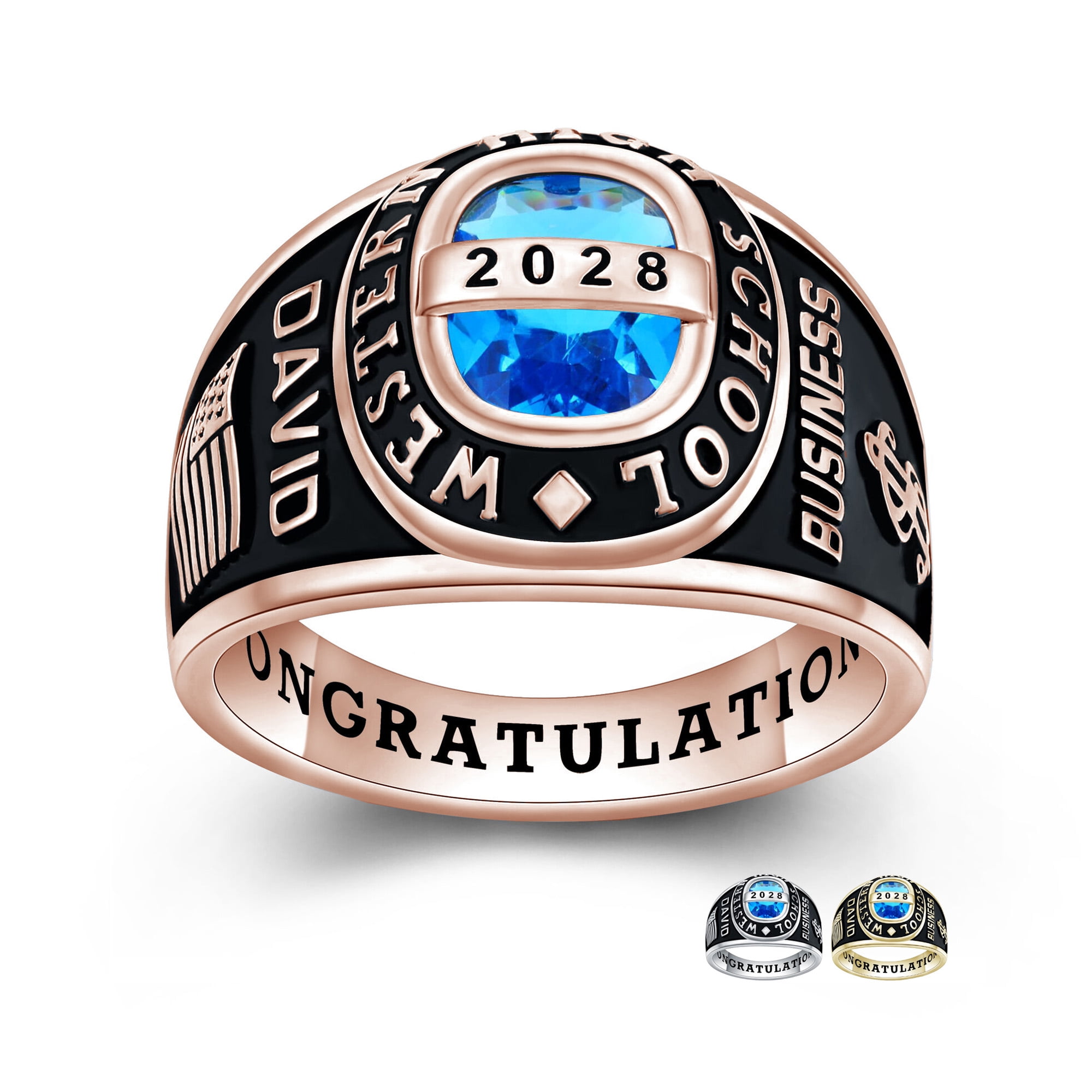 USA PJM Personalzied Men's Class Rings Sterling Silver 925 for High School & College, Rose Gold Plated