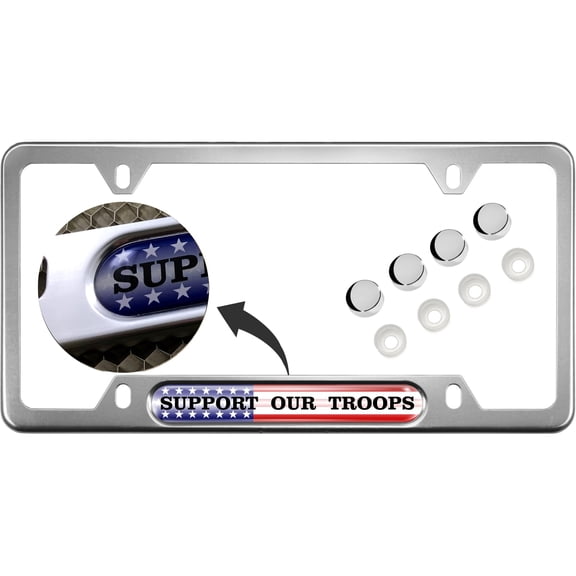 BestLicensePlateFrames USA Patriotic Narrow Top License Plate Frame with Support Our Troops Design Insert and Caps, Silver Aluminum