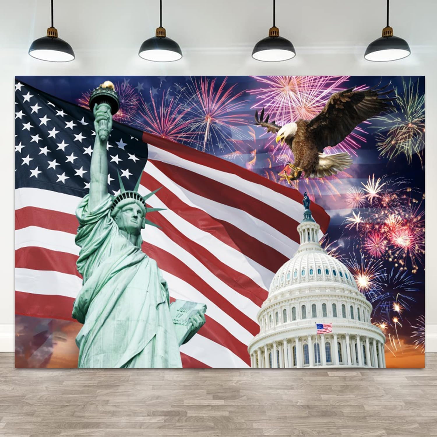 Patriotic celebration scene: face painting, crafts, and a patriotic backdrop
